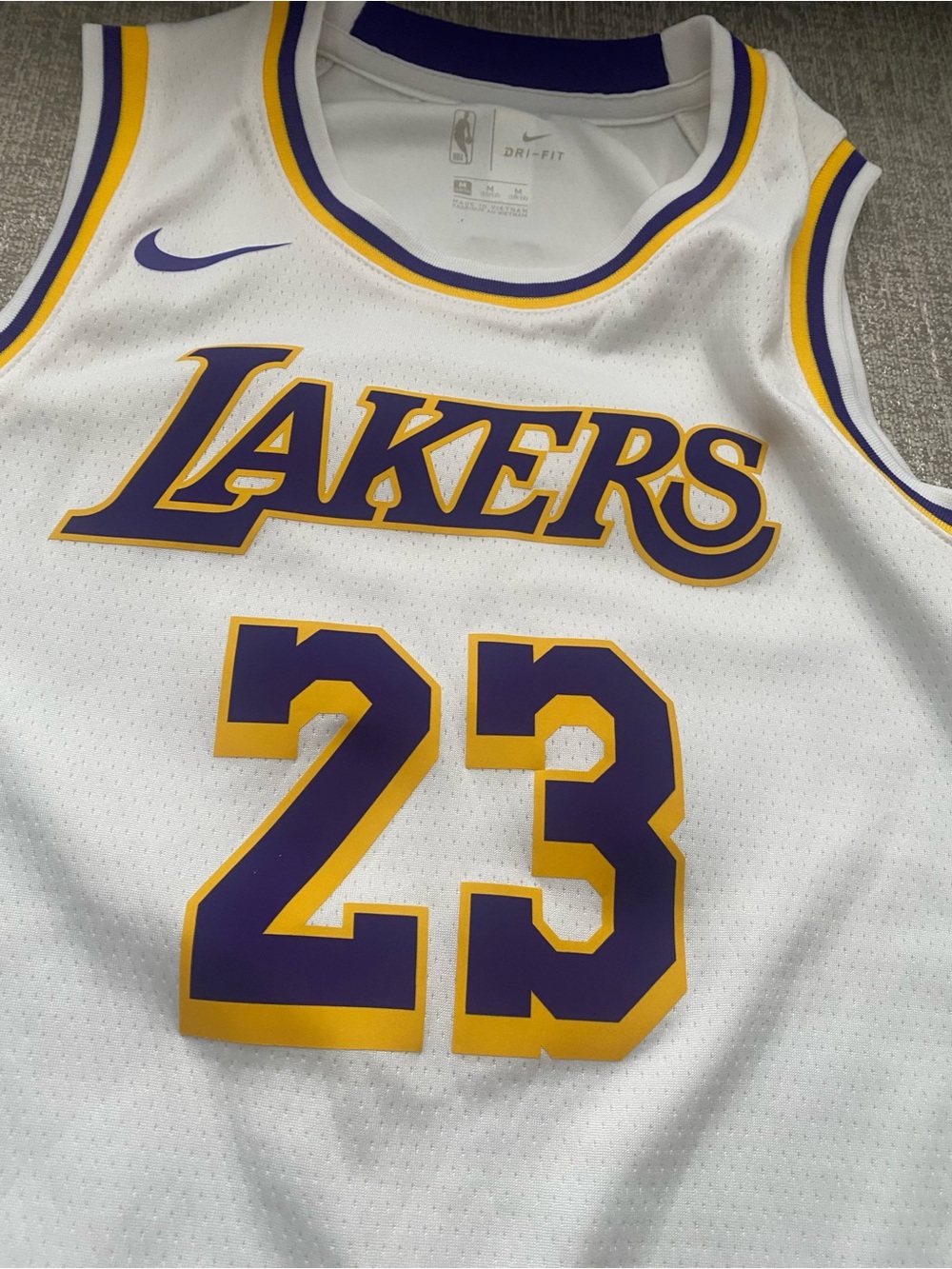 Nike White Lakers #23 Swingman Jersey with Purple and Gold Trim